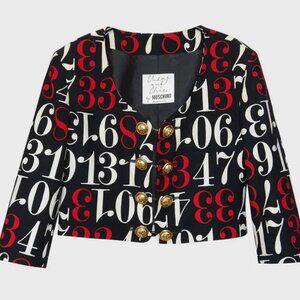 MOSCHINO COUTURE NUMBERS CROP JACKET BLACK RED WHITE USA 6 IT40 VINTAGE CHAIN